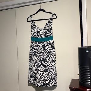 Ann Taylor V-Neck Dress, Size 12P, Black/White/Teal
